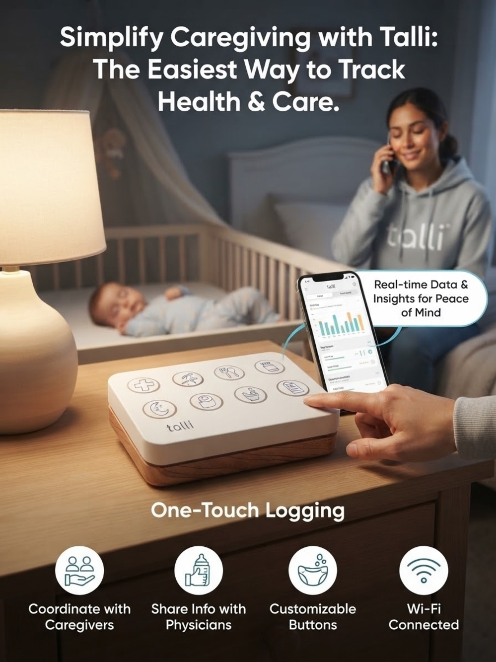 Talli One-Touch Caregiver & Health Tracker Baby / Elderly Logger w/ App - New